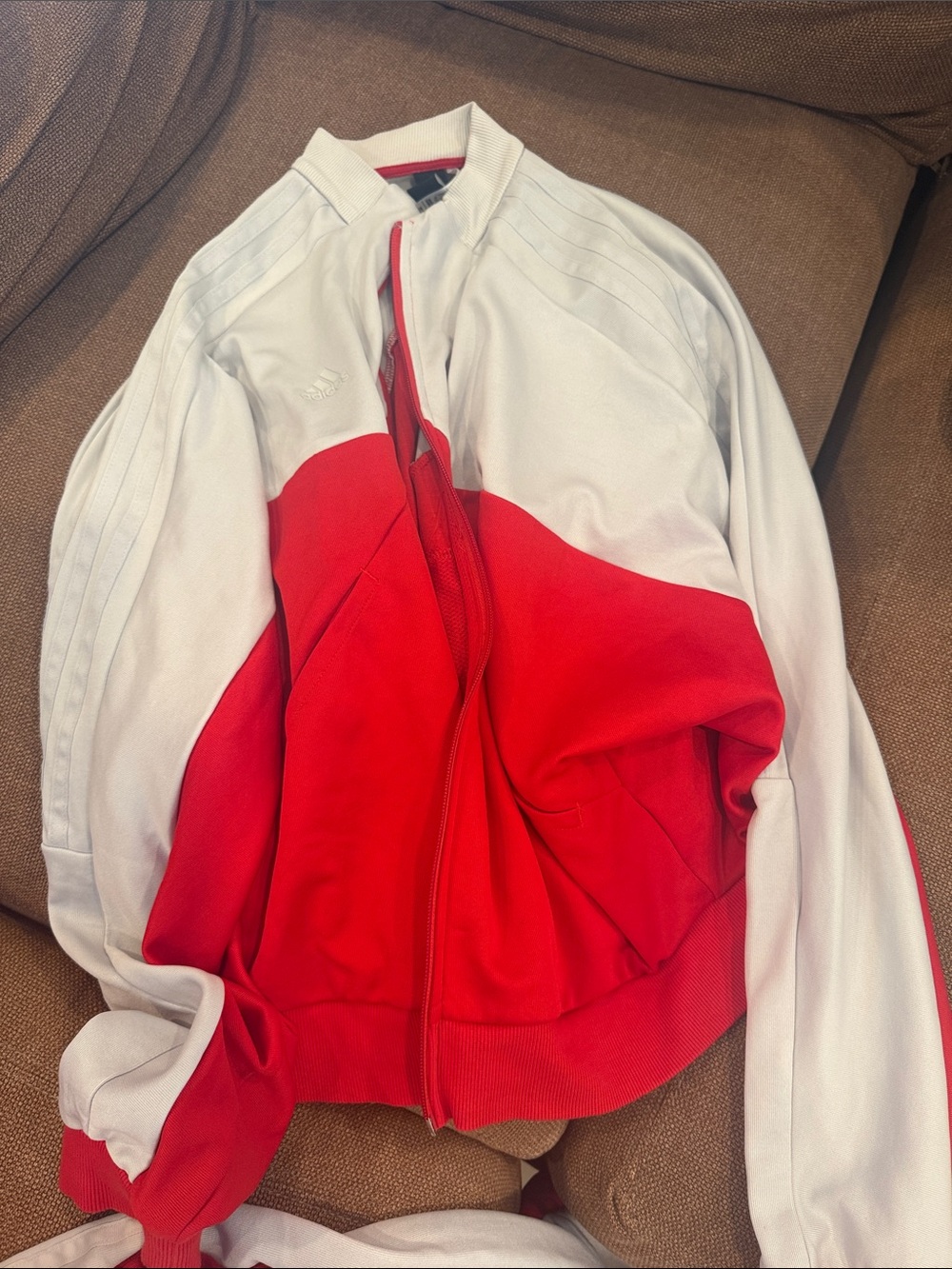 adidas Red and White Colorblock Varsity Zip Jacket and Pant Set
